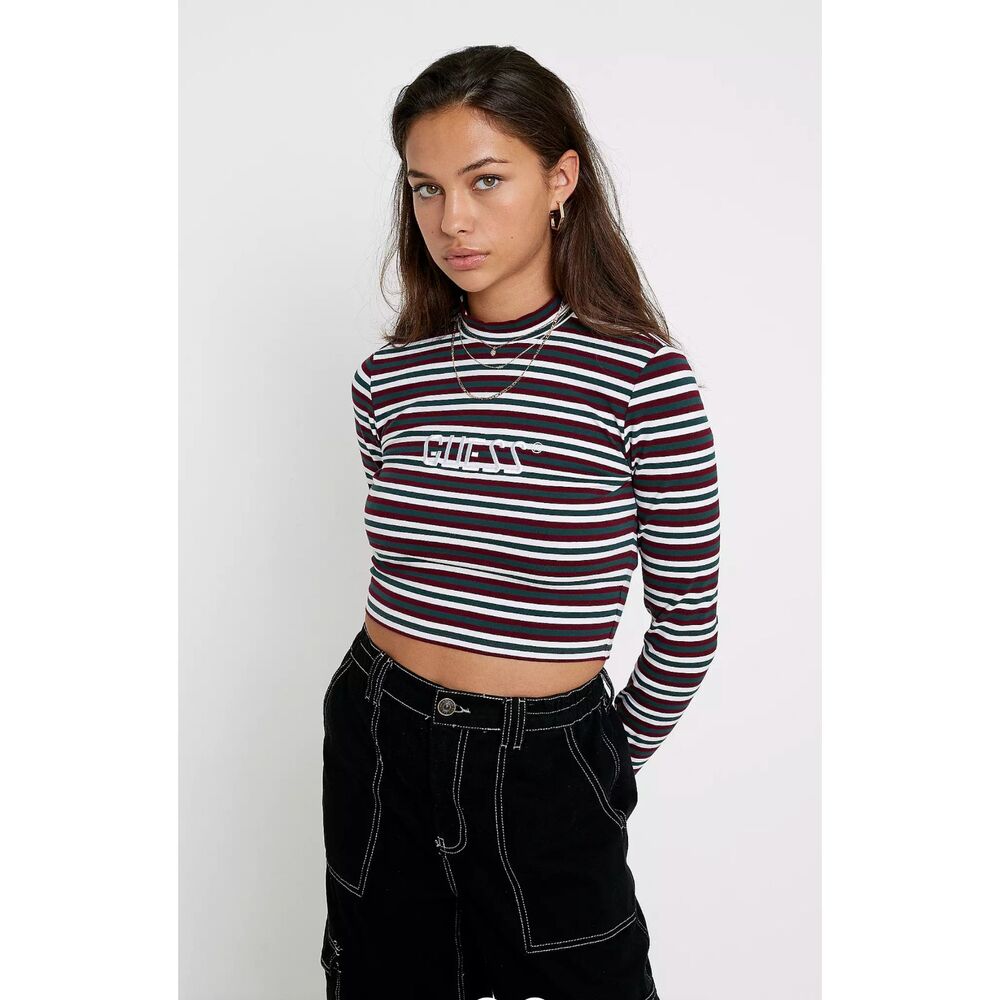 GUESS Logo Stripe Mock Neck Crop Top Burgundy Green Y2K 90s Size S